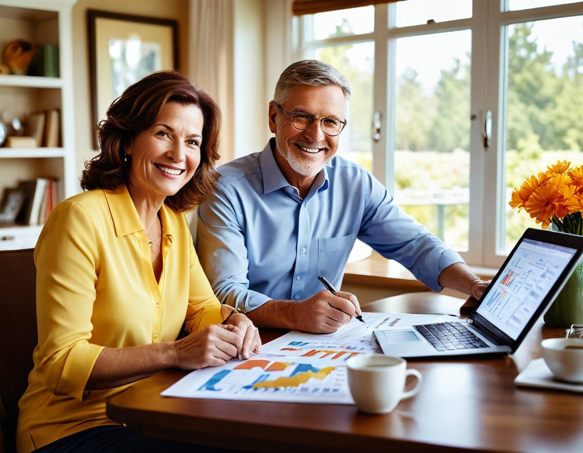 A confident middle-aged couple reviewing their financial portfolio in a cozy home office, surrounded by charts and graphs showing upward trends. A window showing a bright sunny day symbolizes a successful retirement ahead. The couple is smiling, with expressions of hope and clarity. Include warm colors to evoke a feeling of security and positivity. super-realistic. vibrant colors.
