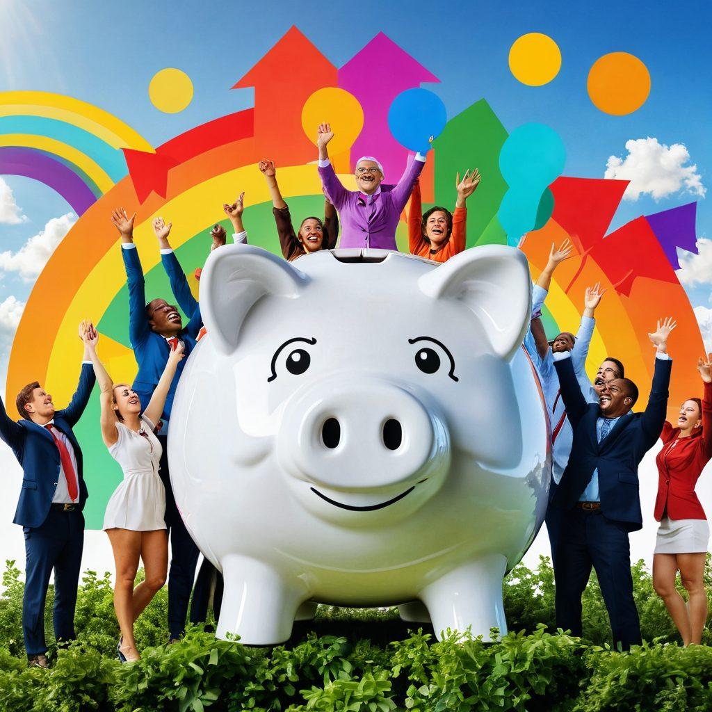 A bright and cheerful scene depicting a diverse group of happy investors celebrating around a giant piggy bank filled with colorful coins, surrounded by vibrant charts and graphs showing upward trends. Lush greenery in the background symbolizes growth and prosperity, with sun rays illuminating the sky. Include elements representing mutual funds, like small fund icons, intertwined with dollar signs. super-realistic. vibrant colors. white background.