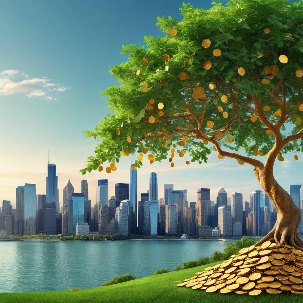 A visually striking representation of a flourishing mutual fund portfolio, with a lush green tree symbolizing growth, branches overflowing with golden coins, and vibrant infographics illustrating key investment strategies. In the background, the skyline of a prosperous city signifies wealth and opportunity, with people engaging in investment discussions. Create a dynamic balance between nature and finance to enhance the viewer's understanding of wealth accumulation. super-realistic. vibrant colors. 3D.